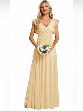 NWT Ever Pretty Light Yellow V-Neck Flutter Sleeve Maxi Gown, Small Size 4